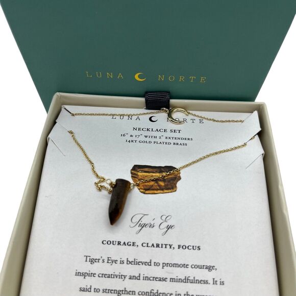 Luna Norte Tiger Eye Necklace Set 14KT Plated Brass Courage Clarity Focus New - Picture 7 of 15